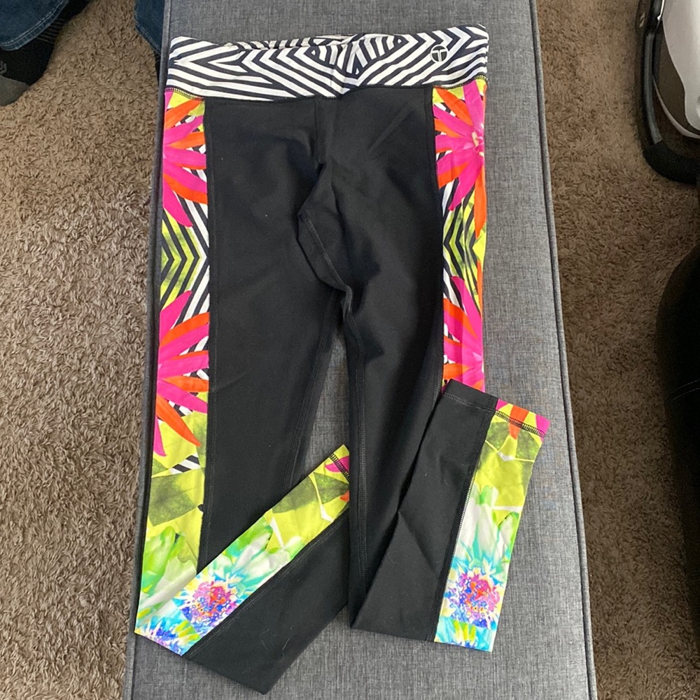 Trina Turk yoga pants, tropical side design